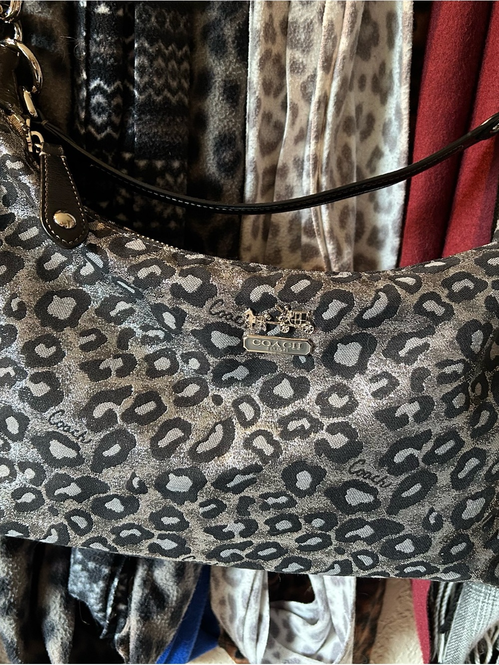 COACH Metallic Leopard Print Shoulder Bag in Black Silver Gray